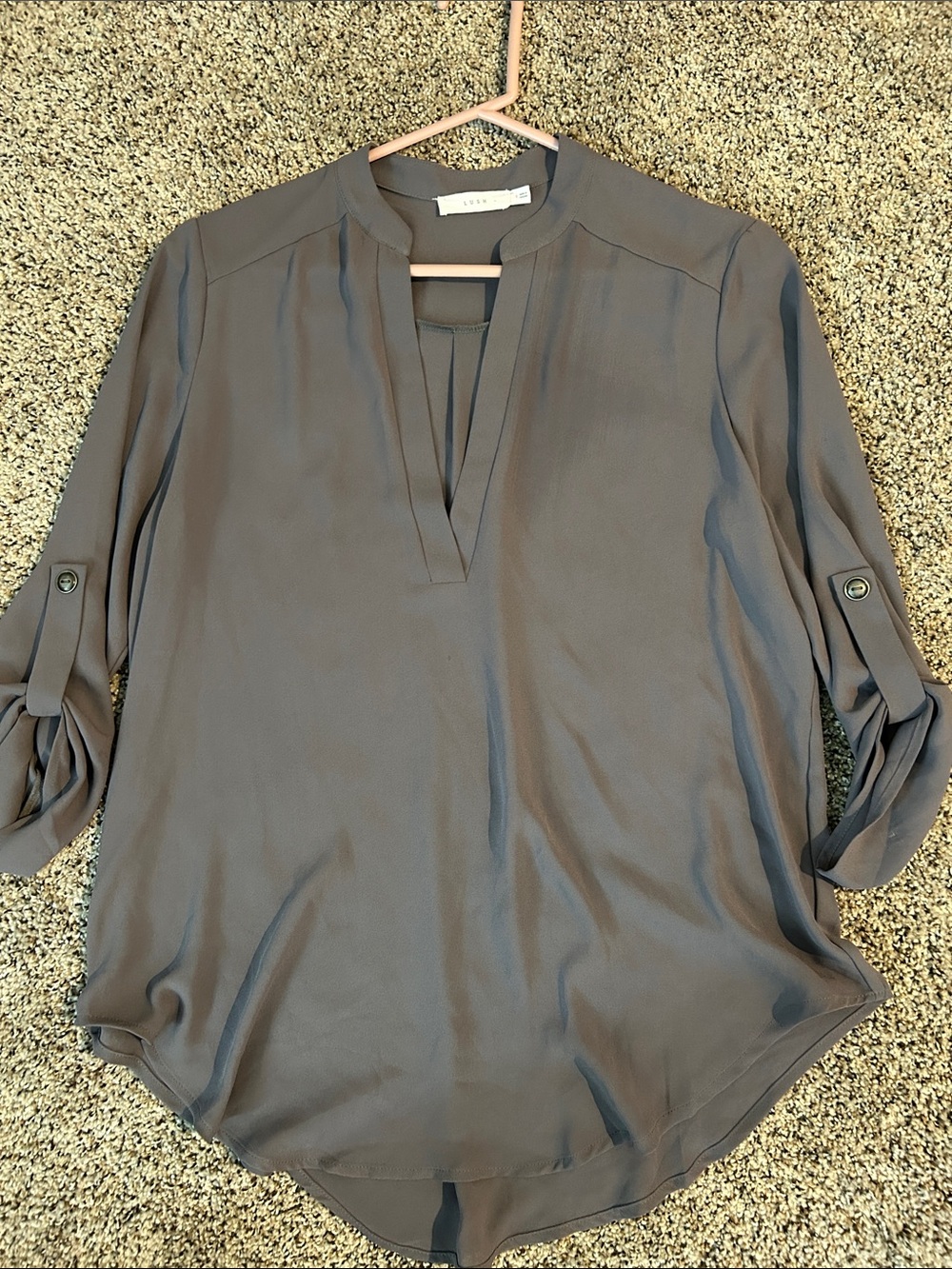 Lush Slate Gray Notch-Neck Roll-Sleeve Tunic